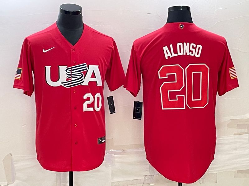 Men 2023 World Cub USA 20 Alonso Red Nike MLB Jersey2